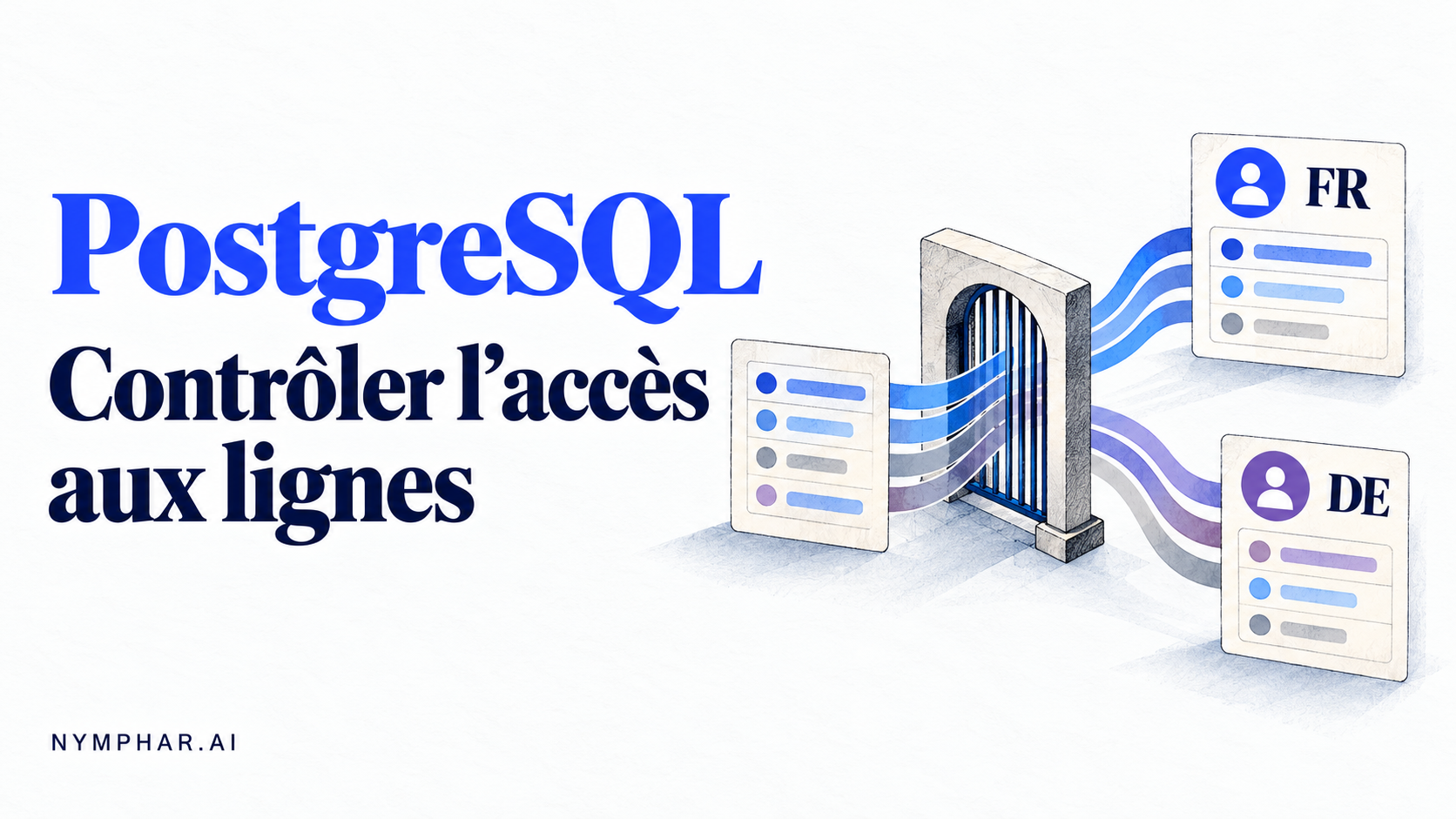 Une table traverse un contrôle d’accès vers les équipes FR et DE. Texte : PostgreSQL, contrôler l’accès aux lignes.